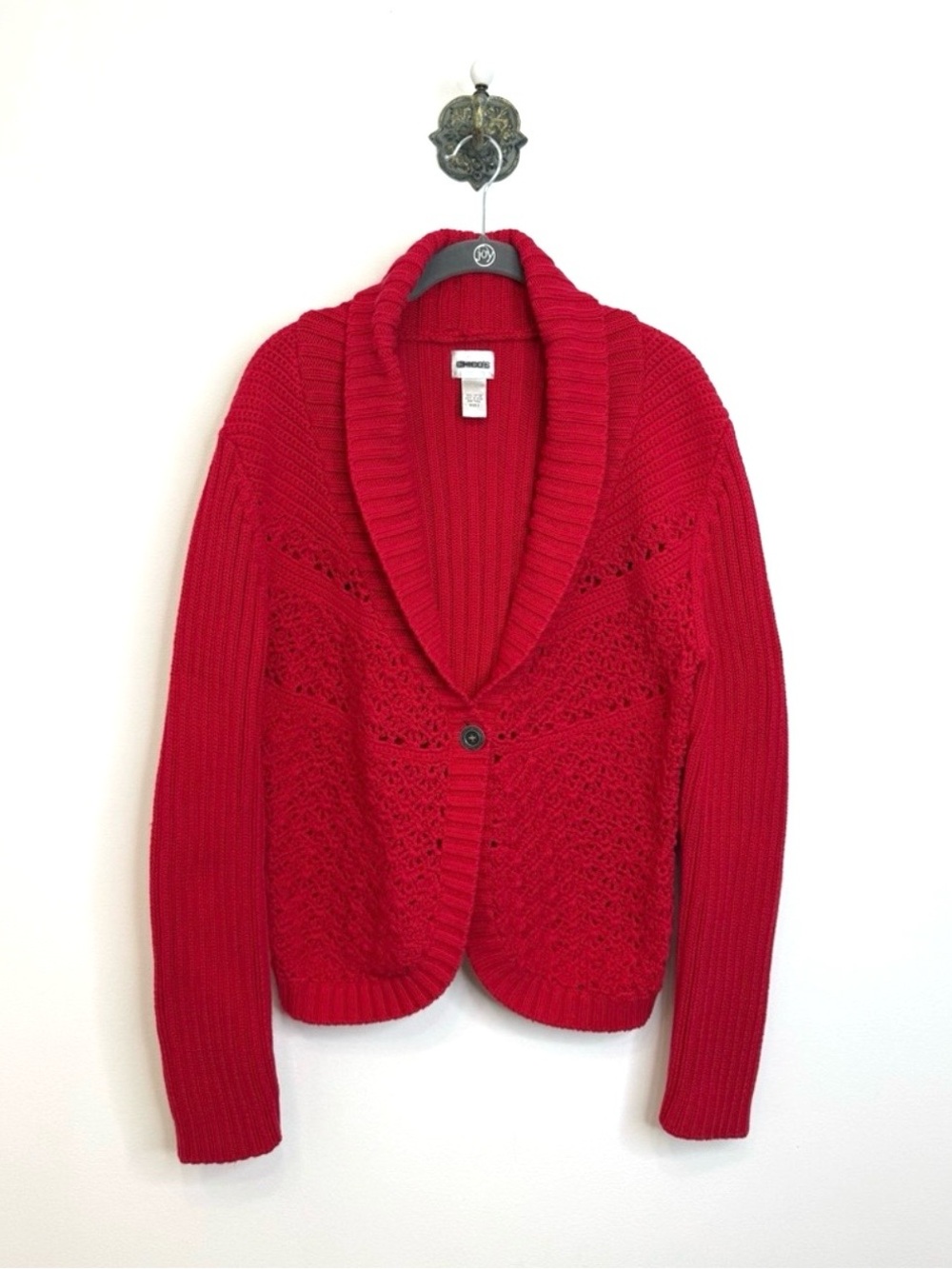Chico's Red Chunky Knit Crochet Cardigan Sweater Shawl Collar Women's Size Large